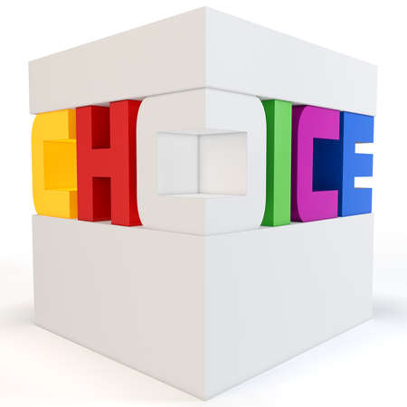 3d cube with colorful choice text on white backgroundの写真素材