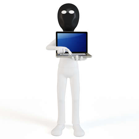 3d man hacker with laptop on white backgroundの写真素材