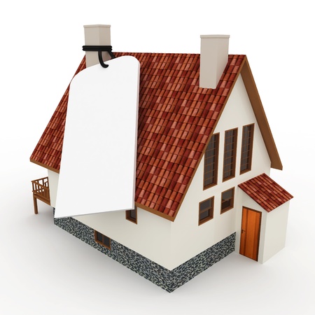 3d house with blank price tag on white backgroundの写真素材