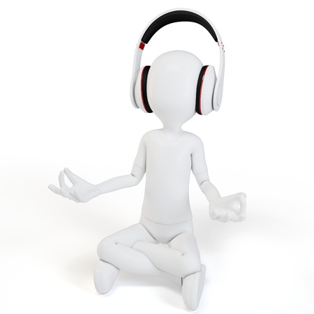 3d man with headphones relaxing on white backgroundの写真素材