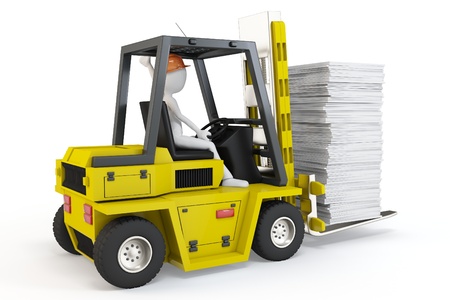 3d man with forklift carrying stuff on white background の写真素材