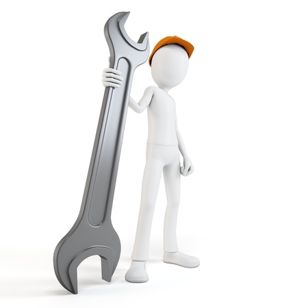 3d man engineer with wrench on whiteの写真素材