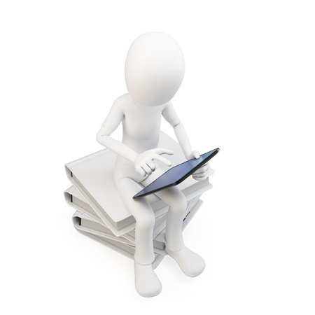 3d man sitting on a pile of books working with a tablet on white background