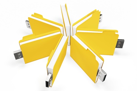 3d yellow usb folders concept on white backgroundの写真素材