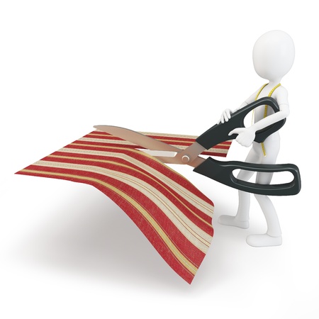 3d man tailor cutting cloth pattern on white backgroundの写真素材