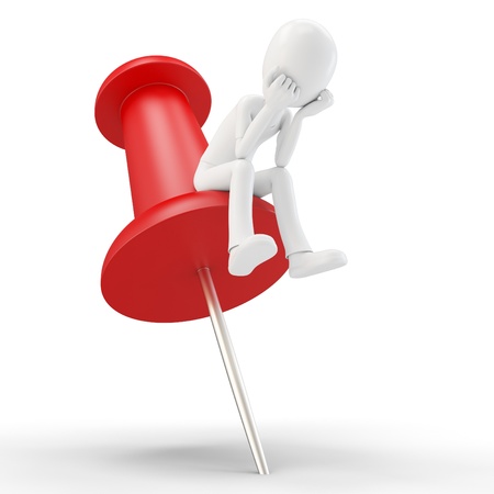 3d man sitting in a thoughtful thinker pose on white backgroundの写真素材