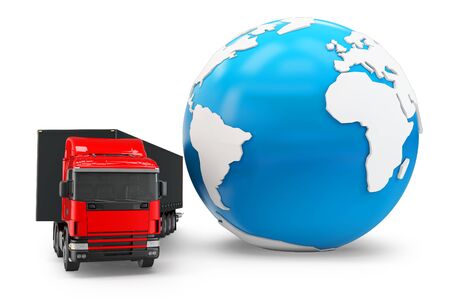 3d truck transportation with globe on white backgroundの写真素材