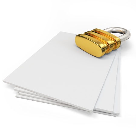 3d lock on blank documents on white backgroundの写真素材