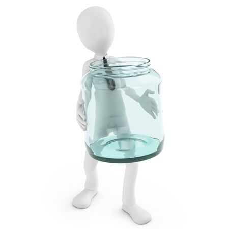 3d man with glass jar on white backgroundの写真素材