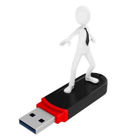 3d man businessman surfing with usb stick isolated on white backgroundの写真素材