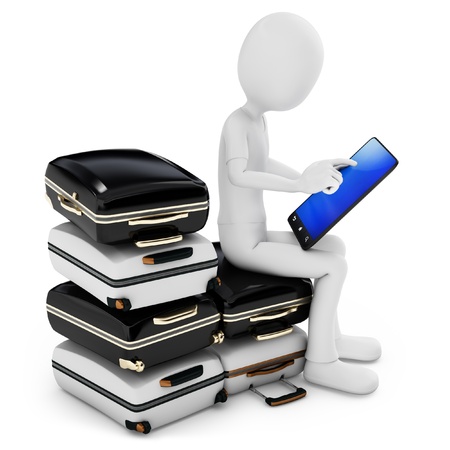 3d man with tablet and pile of suitcases isolated on white backgroundの写真素材