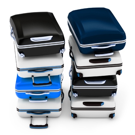 3d pile of suitcases isolated on white backgroundの写真素材