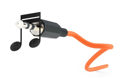 3d jack cable with musical note isolated on white background