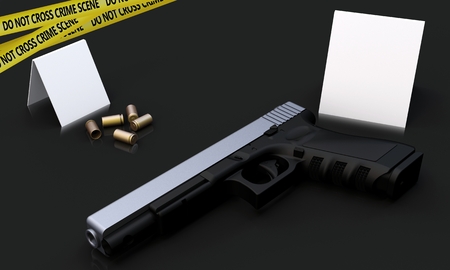 3d generic gun at crime scene with police tape on dark の写真素材