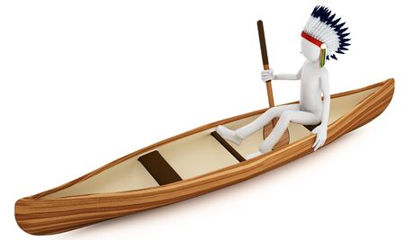 3d man indian warrior with canoe on white の写真素材
