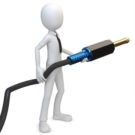 3d man with stereo audio jack on white background 