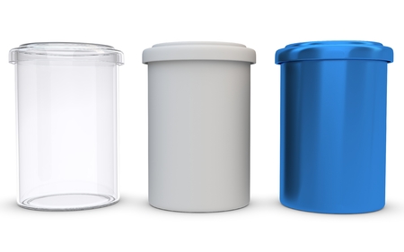 3d glass,plastic and metal jars on white backgroundの写真素材