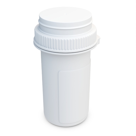 3d white plastic medical container for pills or capsules. Blank for label on white backgroundの写真素材