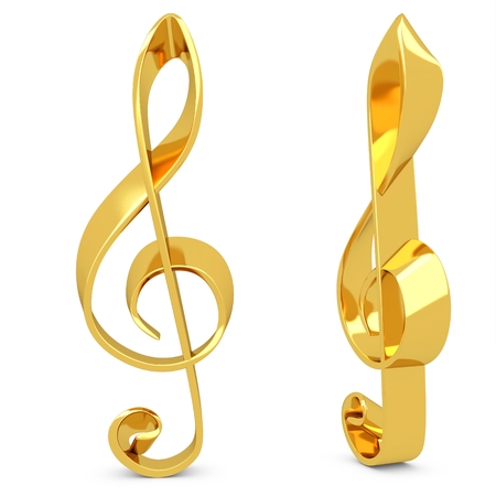 3d Treble Clef made of gold on white backgroundの写真素材