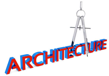 3d architecture and drawing  compass on white backgroundの写真素材