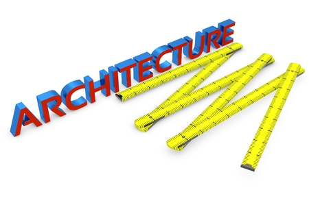 3d wooden meter and architecture on white background の写真素材