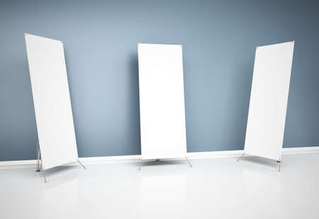 3d blank roll-up banners near wall