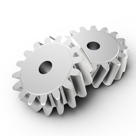 3d detailed metallic gears on white backgroundの写真素材