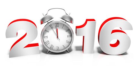 3d happy new year 2016 with clock on white background