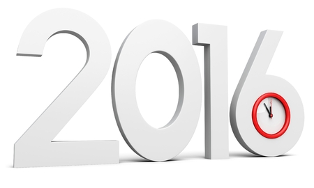 3d happy new year 2016 with clock on white background