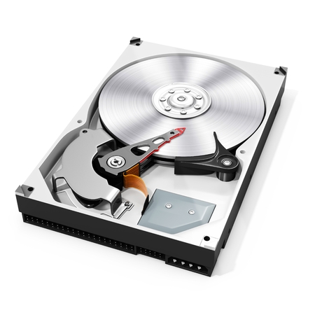 3d detailed open hard drive disk  on white backgroundの写真素材