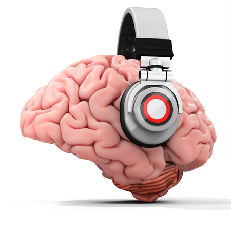 3d human brain with headphones on white background