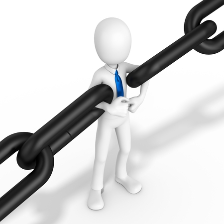 3d man businessman holding chain together on white backgroundの写真素材