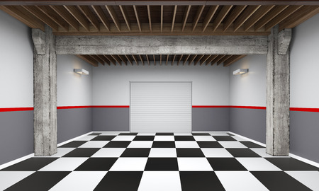 3d empty garage with metallic roller shutter door on white background 3D illustrationの写真素材