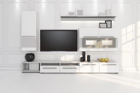 living room with TV, furniture and shelf 3D illustrationの写真素材