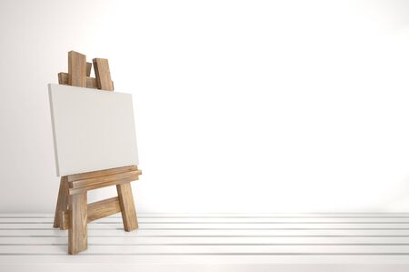 3d blank canvas with small  easel on white table 3D illustrationの写真素材