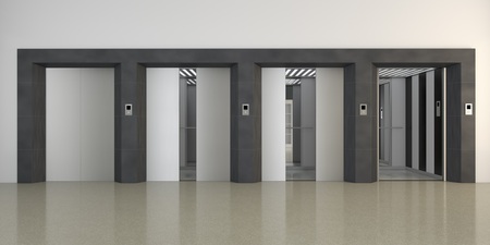 Modern metal elevator with open doors and hall interior 3D illustrationの写真素材