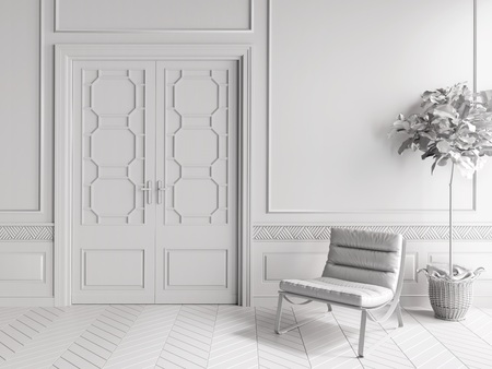 classic white interior with chair and plant 3D illustrationの写真素材
