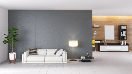 Contemporary style interior, home living room. Couch, table,plant and lamp. 3D illustrationの写真素材