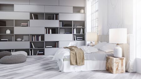 Modern bright bedroom interior 3D illustrationの写真素材