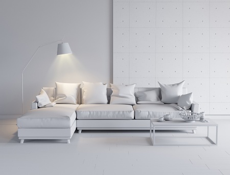 Modern bright interior with sofa and table 3d illustrationの写真素材