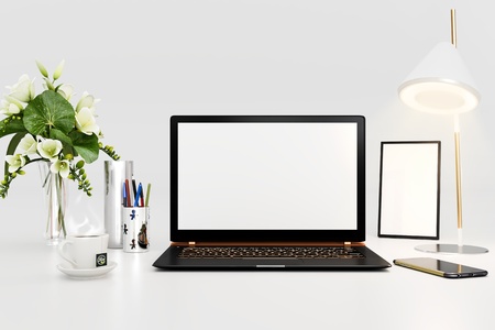 3d rendering of workspace with black laptop, 3d illustration