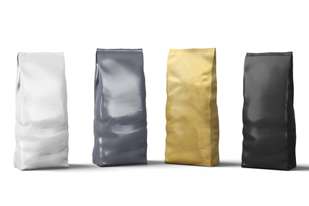 Blank packaging, plastic coffee bags on white background 3d Illustration