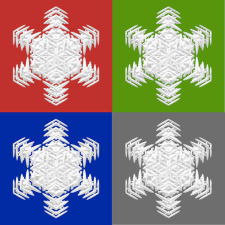 Four white snowflakes on red, green, blue and grey background - good image for a christmas, new year and winter themes.の写真素材