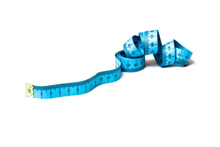 Blue measuring tape of the tailor isolated on white backgroundの写真素材
