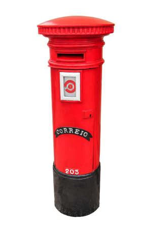 Portuguese red mail box isolated on white backgroundの写真素材