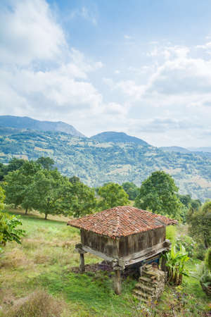 View of typical granary of Asturias, in Spain, raised by stone pillars and known as  horreo の写真素材