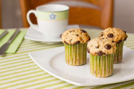 Three chocolate chip muffins on white plate and green striped tablecloth at breakfastの写真素材