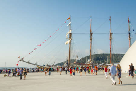 AVILES, SPAIN - JULY 09  Spanish Navy Ship Juan Sebastian Elcano, the training ship of spanish army, docked in the port beside of Niemeyer Cultural Center, on July 09, 2013, in Aviles, Spainのeditorial素材