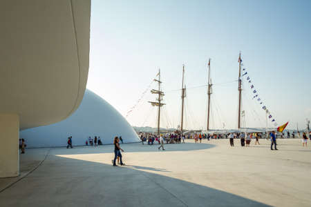 AVILES, SPAIN - JULY 09  Spanish Navy Ship Juan Sebastian Elcano, the training ship of spanish army, docked in the port beside of Niemeyer Cultural Center, on July 09, 2013, in Aviles, Spainのeditorial素材