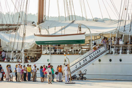 AVILES, SPAIN - JULY 09  Spanish Navy Ship Juan Sebastian Elcano, the training ship of spanish army, docked in the port beside of Niemeyer Cultural Center, on July 09, 2013, in Aviles, Spainのeditorial素材